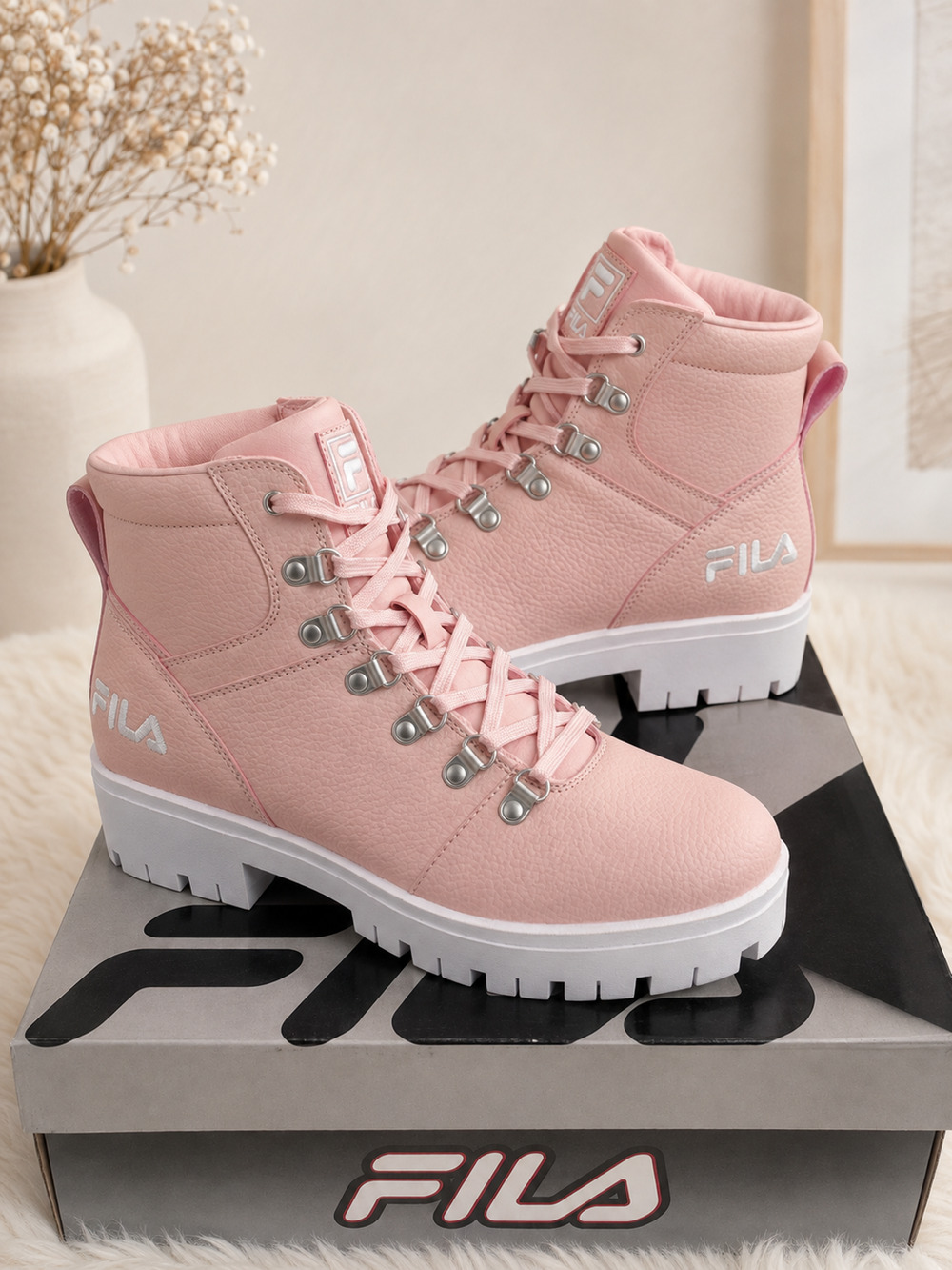 FILA TY20 Women’s 6.5 Pink White Combat Ankle Boots Lug Sole NIB